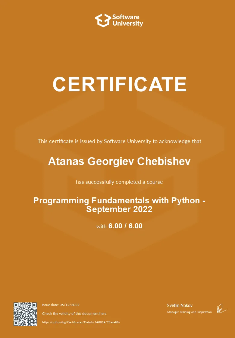 SoftUni Python Fundamentals certificate